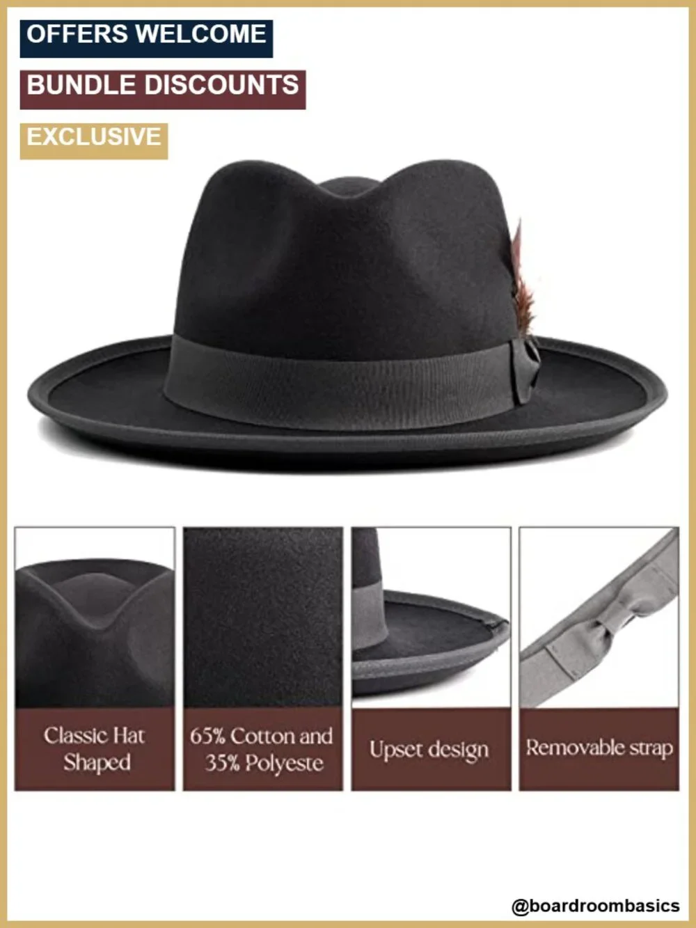 Wide Brim Fedora Hat with Removable Feathers, Adjustable Strap, Cotton Blend,